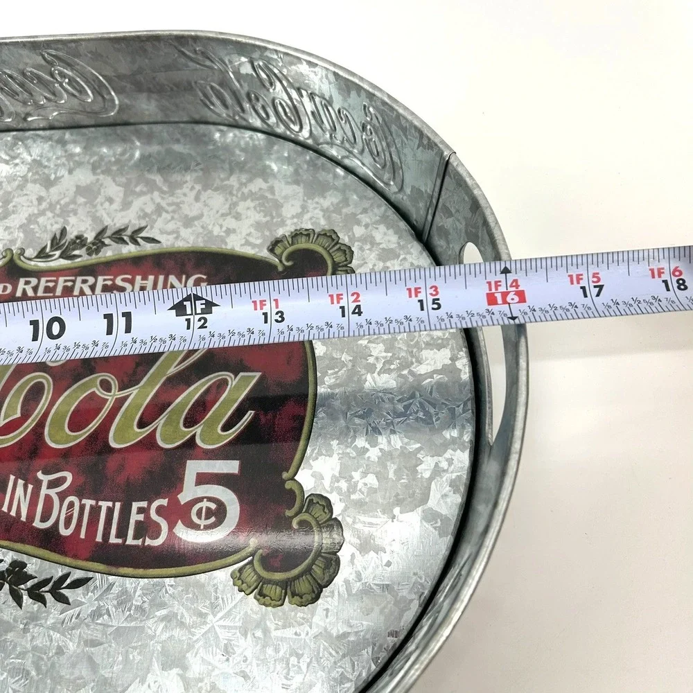 Coca-Cola Galvanized Metal Oval Serving Tray Red Logo Silver 15.5 Inch 66811